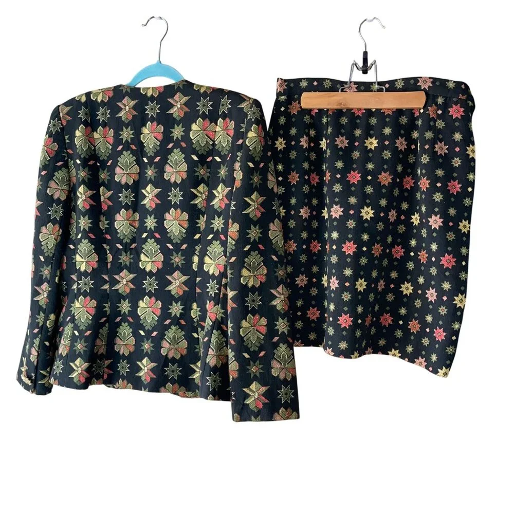 Victor Costa Vintage Womens Skirt Suit Size 10 Multicolor Brocade Star Print - Picture 11 of 16
